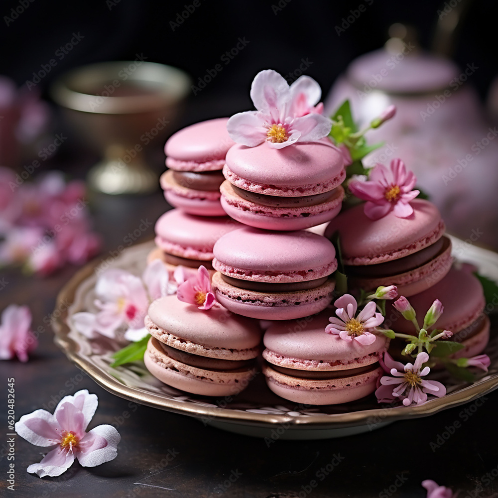 Pink macaroons with cherry blossoms on dark background. Selective focus. Decorating with fresh flowers. Pink macaroons with cherry blossoms on dark background. Selective focus. Decorating with fresh flowers.