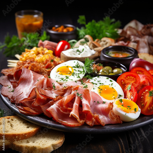 Traditional italian antipasti platter with ham, eggs, tomatoes, olives and cheese on black background. 