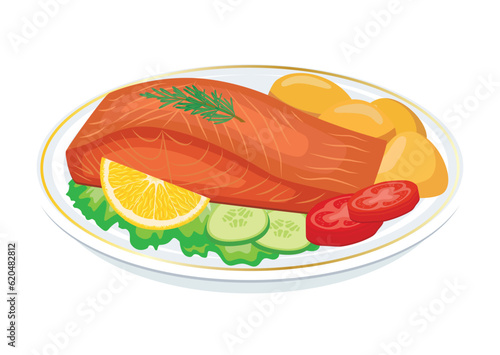 Salmon steak meat with potatoes and vegetable garnish vector illustration. Grilled salmon icon vector isolated on a white background. Fish steak on a plate drawing