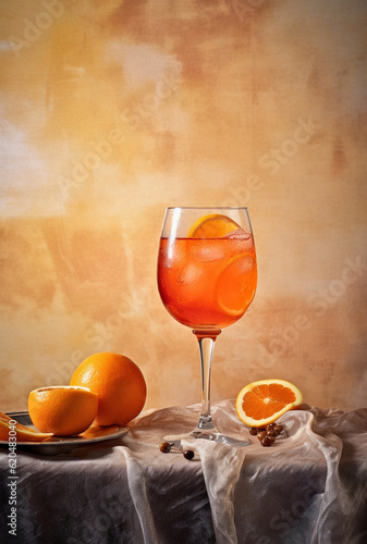 Aperol Spritz cocktail with orange on bright beautiful background. Generative AI