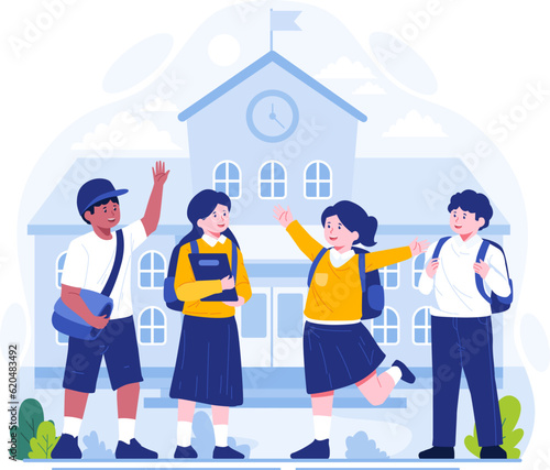 Schoolboy and schoolgirl are greeting each other in front of the school building. Back to school concept illustration