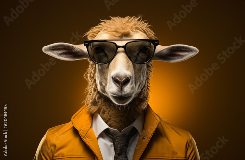 Portrait of sheep with sunglasses wearing suit and tie on solid green background. Generative AI. © Bobboz
