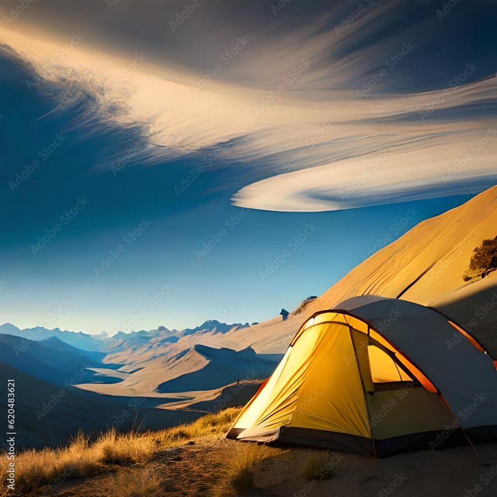 Camping and setting up tents in the wild with beautiful views of mountains, sunsets, sunrises, lakes. Good for business travel, travel transportation, websites, companies etc. Generative Ai concept