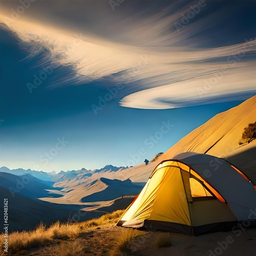 Camping and setting up tents in the wild with beautiful views of mountains  sunsets  sunrises  lakes. Good for business travel  travel transportation  websites  companies etc. Generative Ai concept