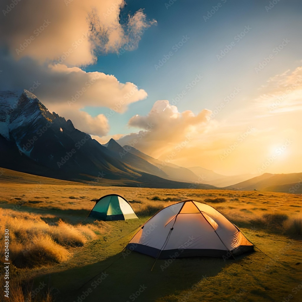 Camping and setting up tents in the wild with beautiful views of mountains, sunsets, sunrises, lakes. Good for business travel, travel transportation, websites, companies etc. Generative Ai concept