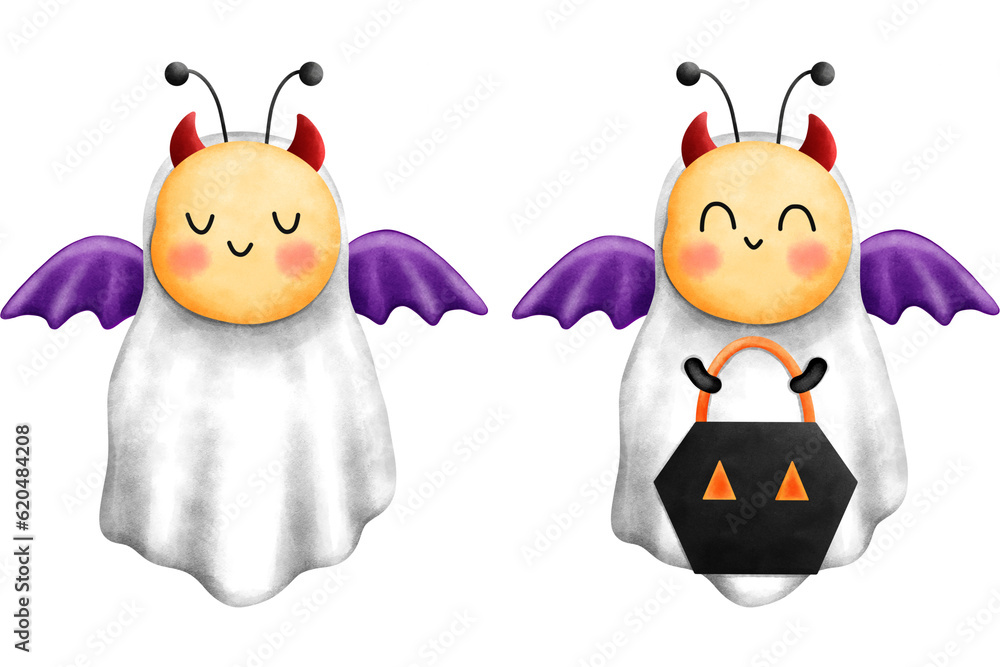 Fototapeta premium Watercolor little bees ghost set.Cute halloween animal with red horns and purple wings in white robes and holding a blacklantern.