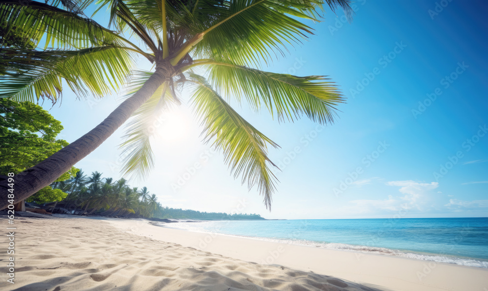 sunlight filtering through palm fronds on tropical beach with white sand, tropical island holiday destination - ai generative