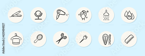 Hairdresser line icon. Towel, hair clip, scissors, mirror, hair dryer, comb. Pastel color background. Vector line icon for business