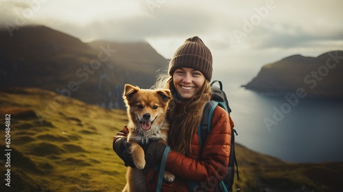 Faroe Islands . mountain view background. beautiful smile of tourist woman. she's traveling with dog. they are best friend. she's holding a dog at view point at mountain. morning light and bokeh. © banthita166