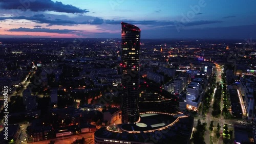 Evening view of the Sky Tower Wroclaw, Poland.