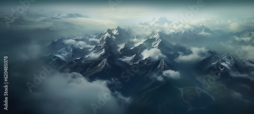 Dramatic snow-capped mountains landscape. Clouds and fog covers stone slopes. Generative AI