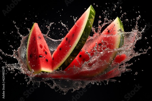 Watermelon slices and strawberries are splashing into the water. AI