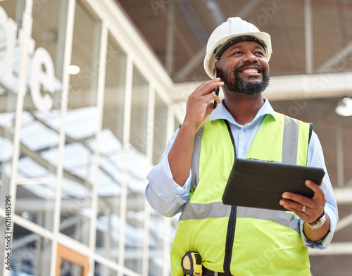 Photography Phone call, black man and engineer with tablet for talking, planning and working on construction project