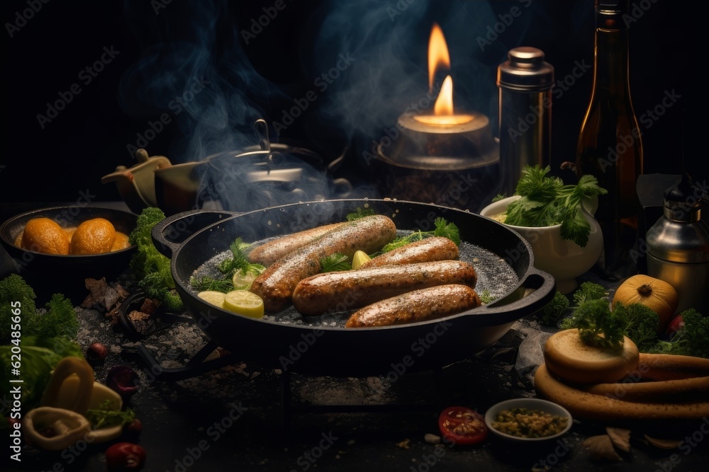 Fototapeta premium Boudin Noir being cooked on a skillet, surrounded by various ingredients
