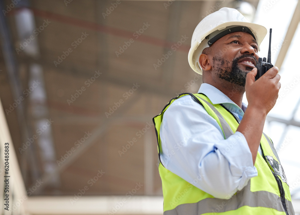 Walkie talkie, black man and engineer planning, communication and construction. African architect, radio and happy contractor with industrial project, building maintenance and engineering discussion. Walkie talkie, black man and engineer planning, communication and construction. African architect, radio and happy contractor with industrial project, building maintenance and engineering discussion.