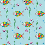 Multicolored fish. Watercolor illustration. Seamless pattern