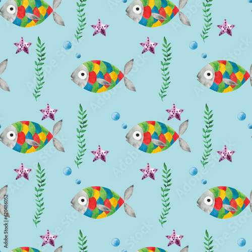 Multicolored fish. Watercolor illustration. Seamless pattern
