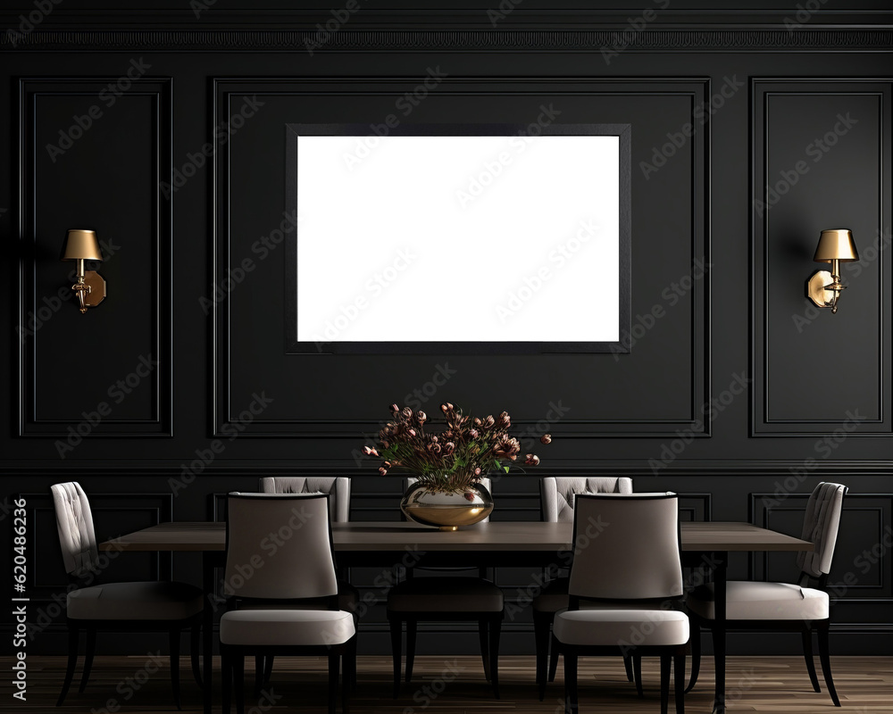 AI-Generated, Black Dining Area Wall Art Mockup, with Blank Frame, Designed for Showing Off Prints and Posters