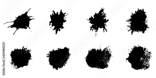Splatter Set. Paint Brush Spatter, Ink Splash. Black Splat Grunge. Stain Texture Collection. Dirty Blot, Liquid Blob, Messy Inkblot. Abstract Design Element. Isolated Vector Illustration