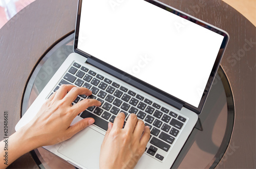 Hand woman typing key pad of laptop.