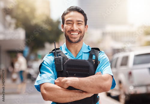 Fotografia Security guard, safety officer and happy portrait of man outdoor to patrol, safeguard and watch