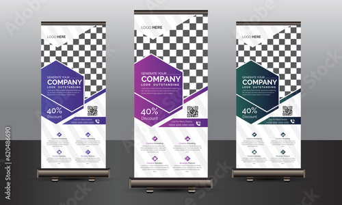 : Roll up banner set design, advertisement roll up banner template, Roll up banner stand template design, Blue banner layout, advertisement, pull up.