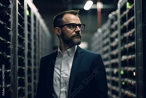 portrait of man in suit of an administrator in data storage center. Generative AI illustration