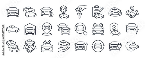 Car dealer  vehicle and automobile industry related editable stroke outline icons set isolated on white background flat vector illustration. Pixel perfect. 64 x 64.