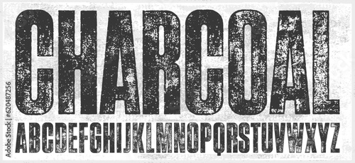 Charcoal Texture Font. Uppercase Bold Condensed. Detailed, individually textured characters with an eroded rough charcoal texture taken from high res scans. Works well at small sizes.