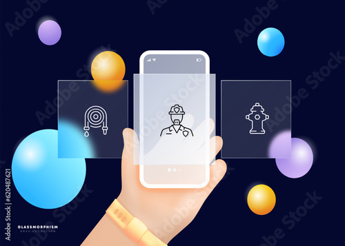 Fire safety line icon. Fireman, hydrant, fire extinguishing, hose, lifeguard. Glassmorphism. UI phone app screen. Vector line icon