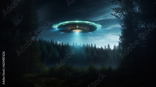 UFO lit up in the night sky, eerie alien, dark