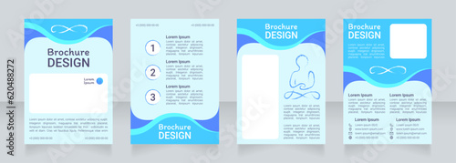 Yoga class blue blank brochure design. Template set with copy space for text. Premade corporate reports collection. Editable 4 paper pages. Roboto Light, Medium, Itim Regular fonts used