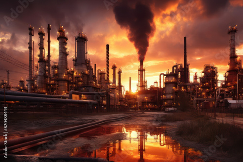 Petrochemical Refinery Complex in the morning, with its industrial structures and chimneys rising against the scenic backdrop. Generative AI.