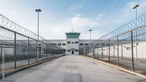 Canvas Print Prison walk with fences and building view