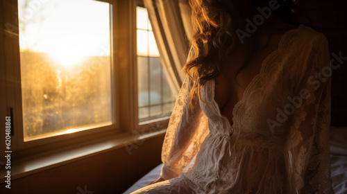 Sexy woman wearing a lace babydoll in a bedroom with window and sunset light photo