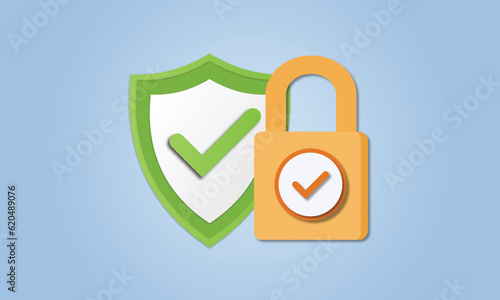 Lock with Key and Protection shield. Cyber security internet and networking concept. Shield shape with padlock. Safety and privacy.on blue background.Vector Design Illustration.