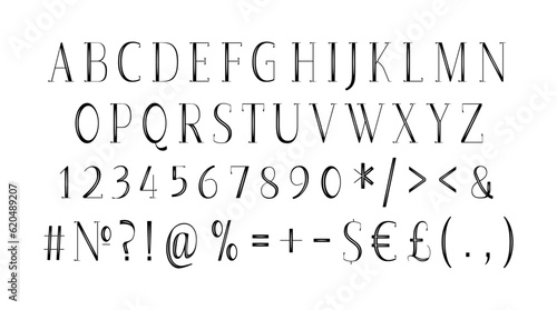 Formal classic decor style alphabet set. Vector decorative typography. Decorative typeset style. Latin script for headers. Trendy letters and numbers for graphic posters, banners, invitations texts