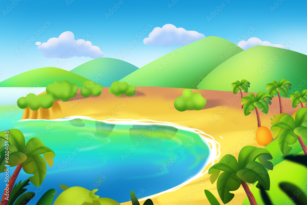 Fototapeta premium Beautiful Blue Lake and Green Dune in Desert Oasis. Fantasy Backdrop Concept Art Realistic Illustration Video Game Background Digital Painting CG Artwork Scenery Artwork Serious Book Illustration 