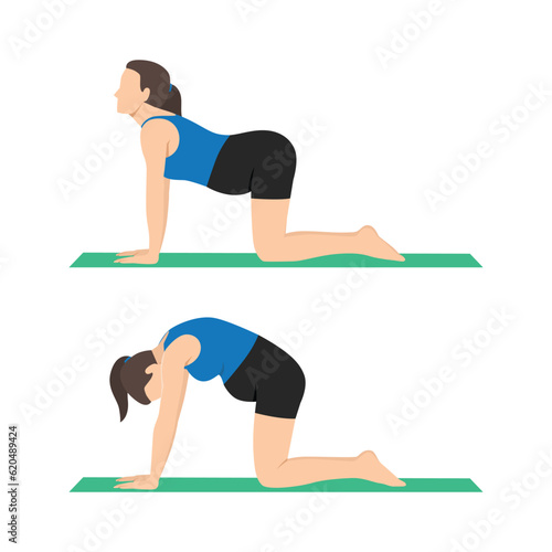 Pregnant woman practice Cat Cow Pose to meditation smile with big belly comfortable and relax,Pregnancy woman breathing and calm with yoga. Flat vector illustration isolated on white background