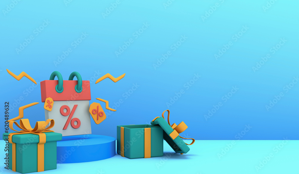 Obraz premium Empty blue color calendar discount on the yellow background, copy space calendar discount 3d render