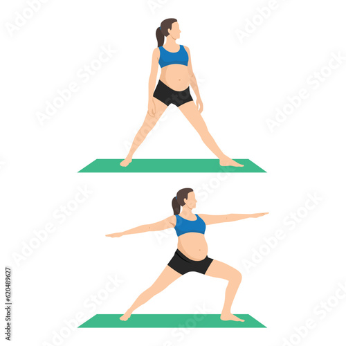 Young pregnant woman with large belly in sportswear does breathing yoga exercises holding hands in namaste mudra. Flat vector illustration isolated on white background