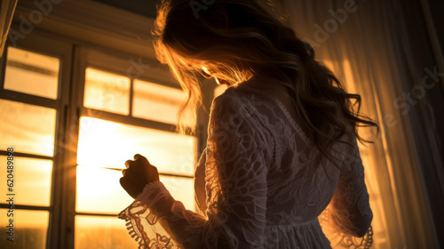 Sexy woman wearing a lace babydoll in a bedroom with window and sunset light