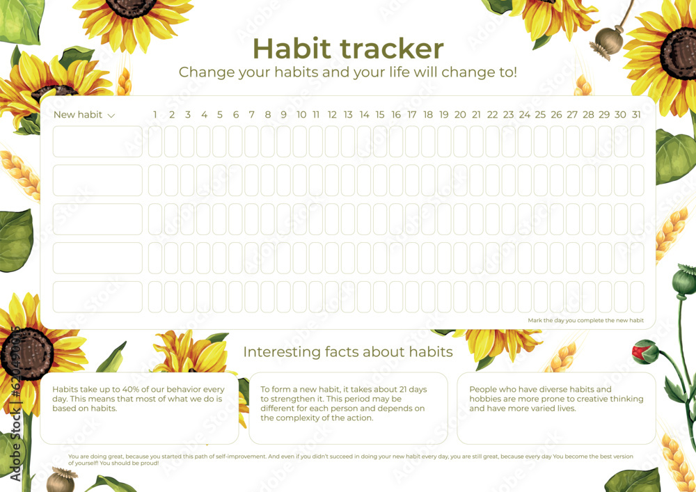 Fototapeta premium Habit tracker watercolor sunflower design