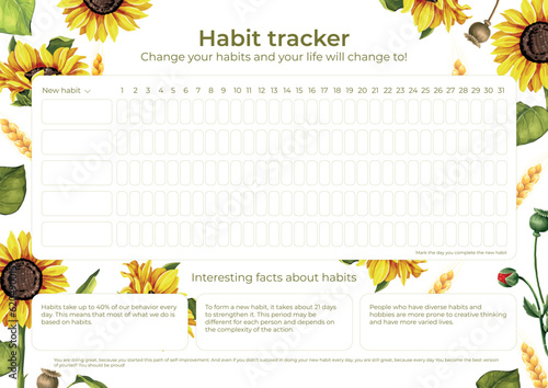 Habit tracker watercolor sunflower design