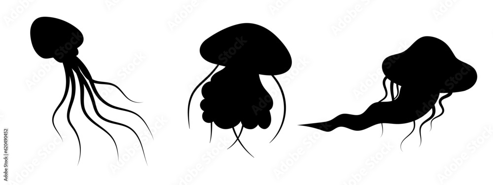 Naklejka premium Jellyfish silhouette decoration set. Hand-drawn poisonous medusa, marine oceanic inhabitant, simple nautical design. Isolated. Vector illustration.