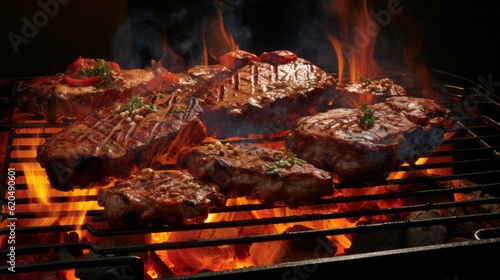 Summer bbq barbecue food photography background - Tasty beef steak on the grill with smoke and flames (Generative Ai)..