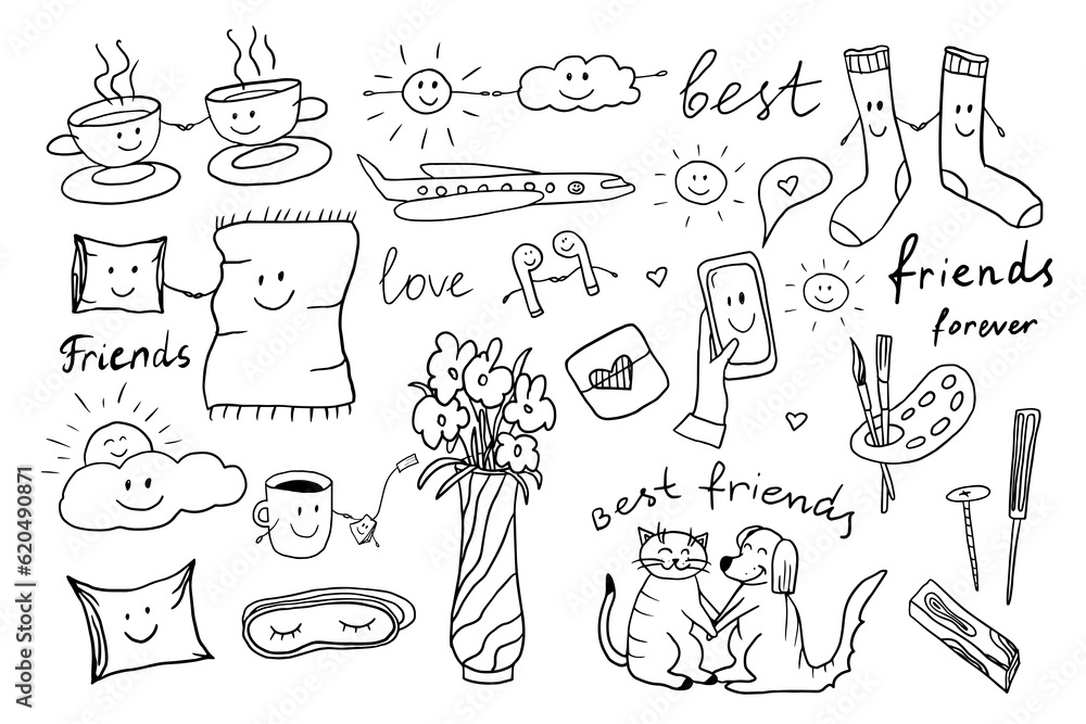 Big friendship clipart set in doodle style. Cute collection with quotes, hearts, sweet, drinks, cats, dogs, sun, space, cups, party decoration. Hand drawn icons Big friendship clipart set in doodle style. Cute collection with quotes, hearts, sweet, drinks, cats, dogs, sun, space, cups, party decoration. Hand drawn icons