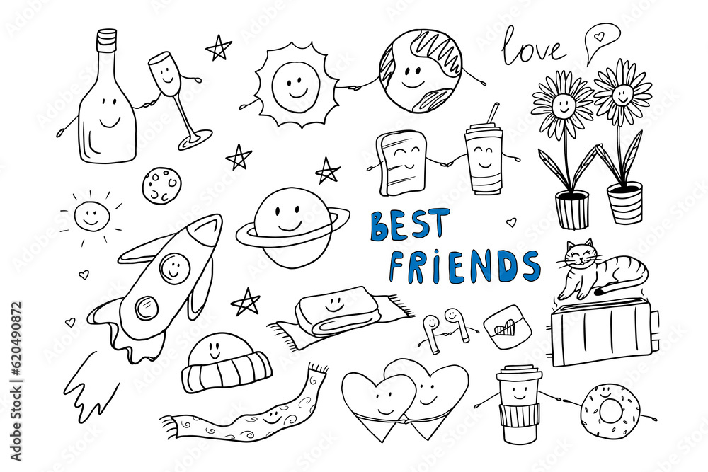 Obraz premium Cute friendship clipart set in doodle style. Big collection with quotes, hearts, sweet, drinks, cats, dogs, sun, space, cups, party decoration. Hand drawn icons