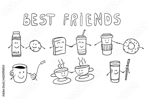 Cute friendship clipart set in doodle style. Big collection with quotes, milk, sweet, drinks, coffee, tea, donuts, cakes, cups, eats. isolatad on white. Hand drawn icons