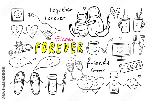 Cartoon friendship clipart set in  doodle style. Big collection with quotes, hearts, sweet, drinks, cats, dogs, sun, space, cups, party decoration. Hand drawn icons